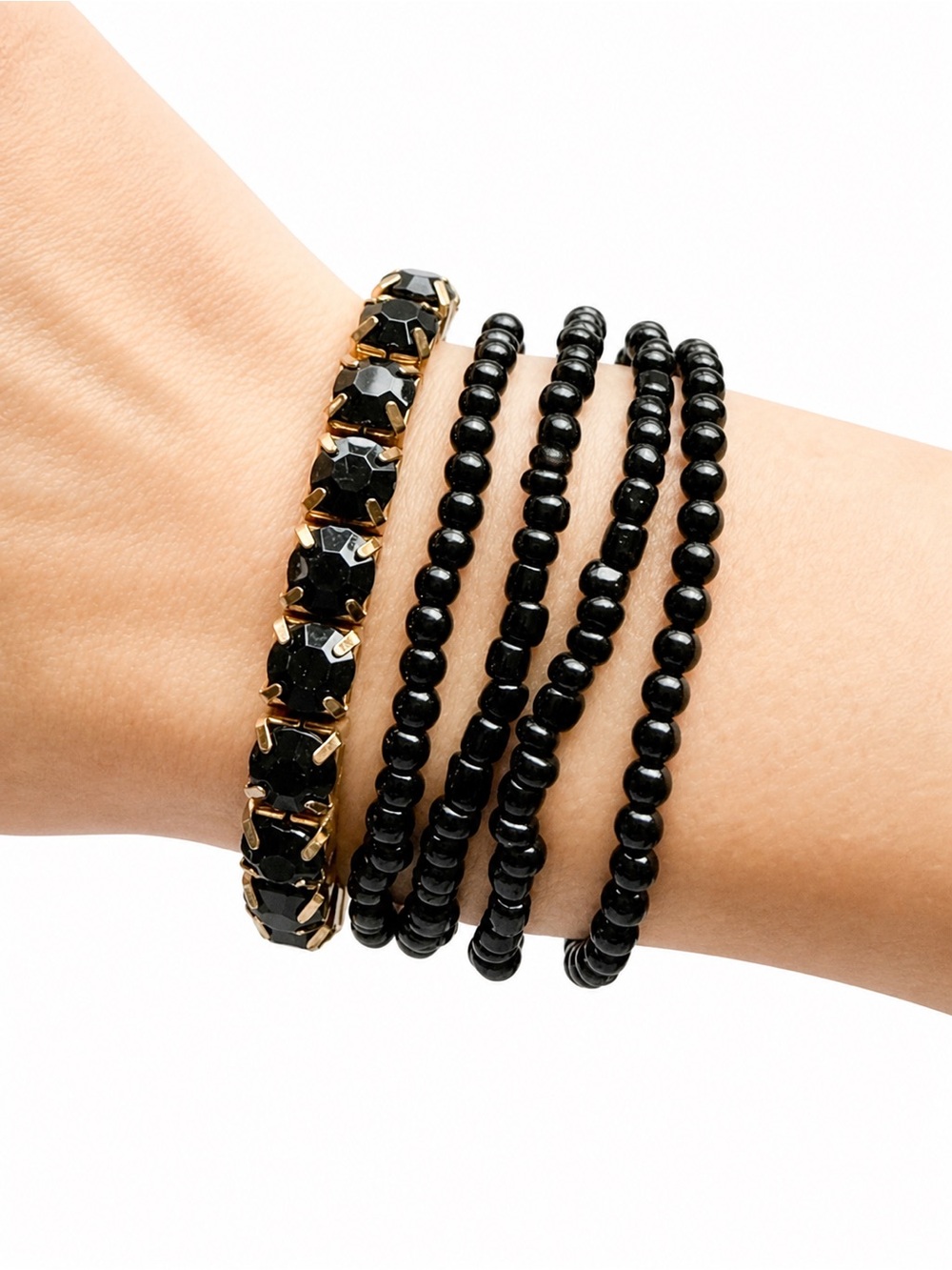 Black Beaded Bracelet Stack Gold Crystal Bangle 5-Piece Set
